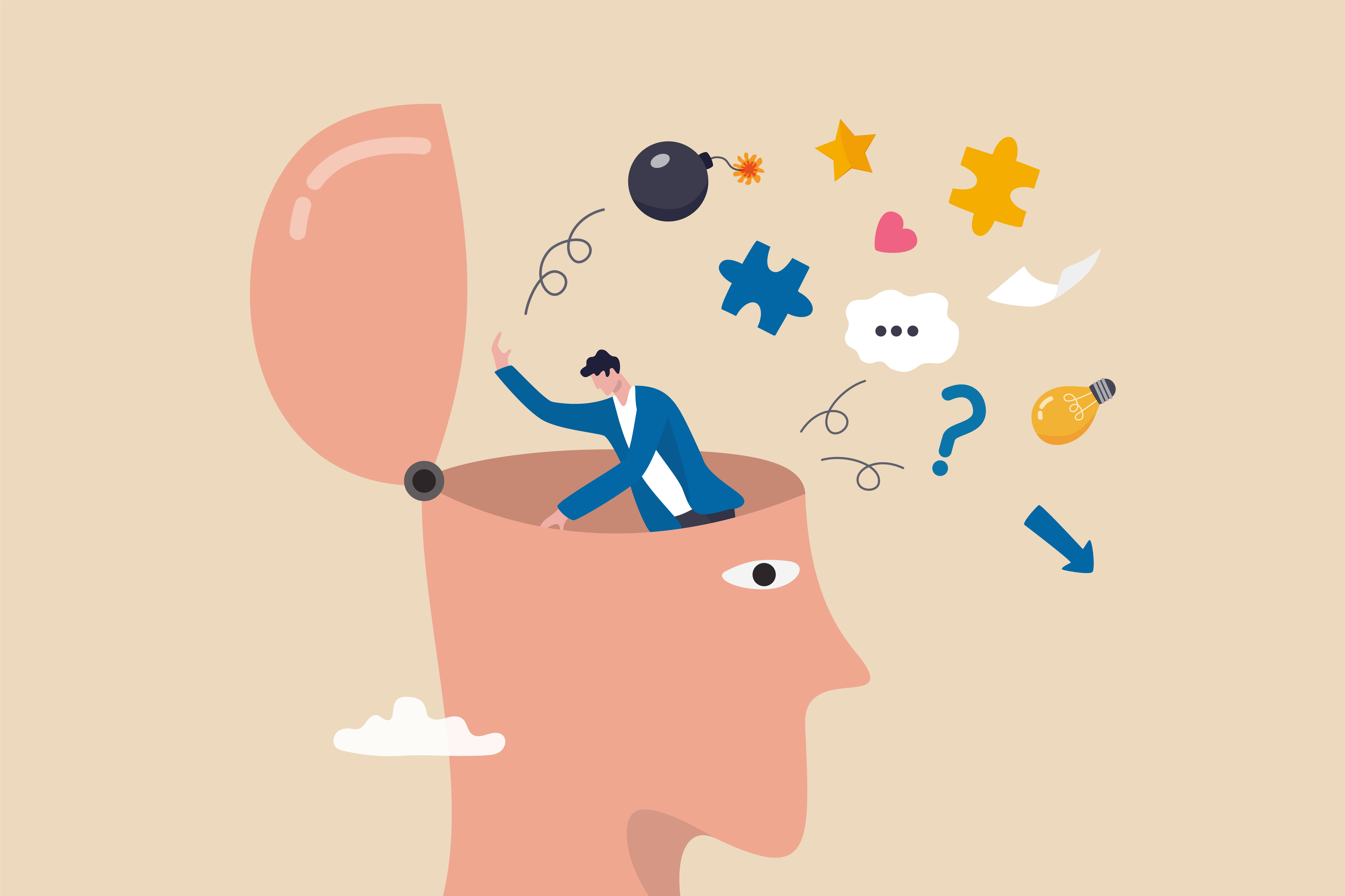 Person sorting through thoughts, and feelings