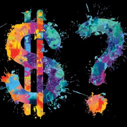 Dollar sign and question mark with splatter paint effect