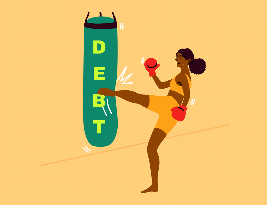Woman kicking debt punching bag