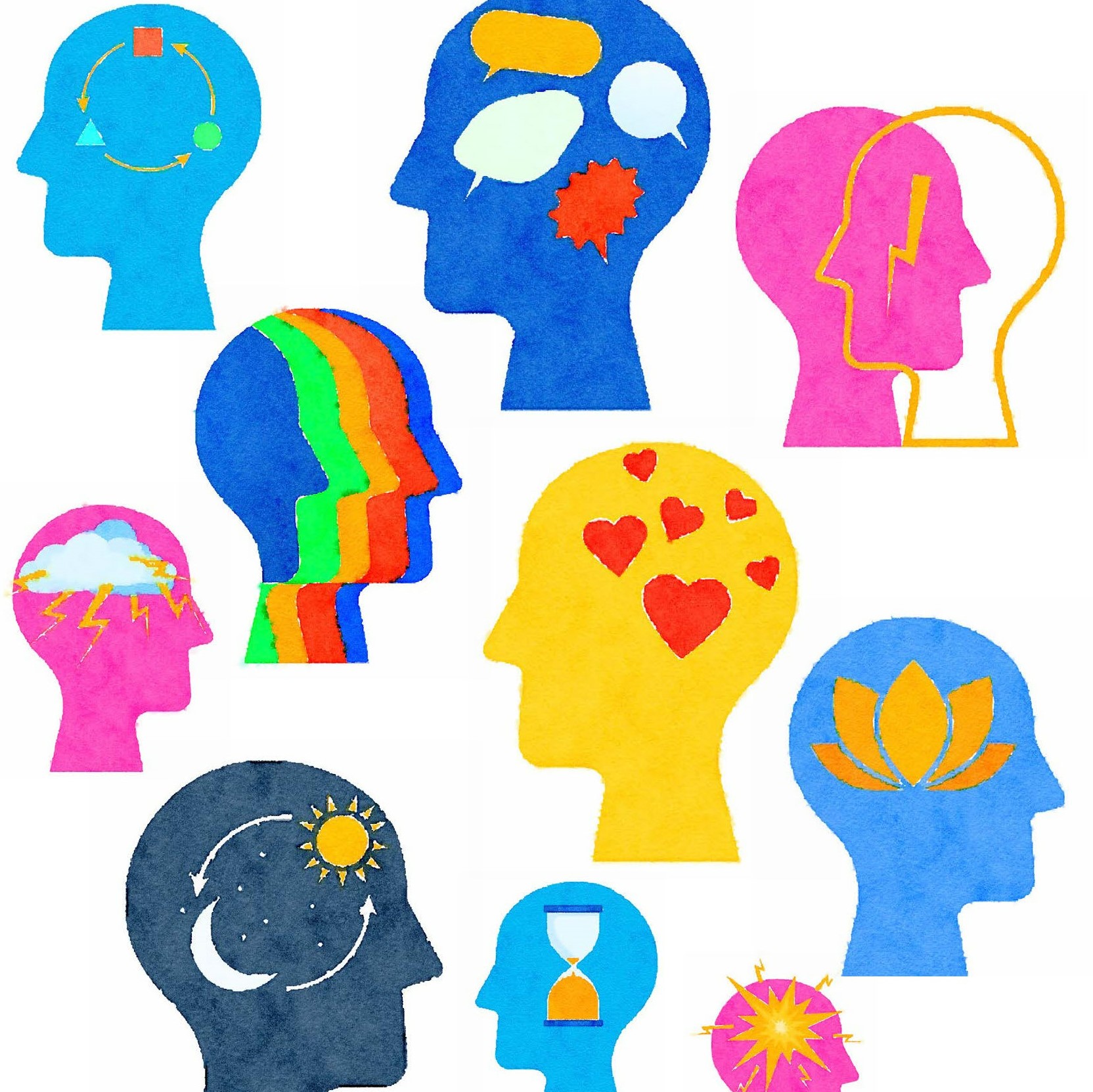 Multiple head illustrations depicting various types of thoughts, concerns, and states of mind