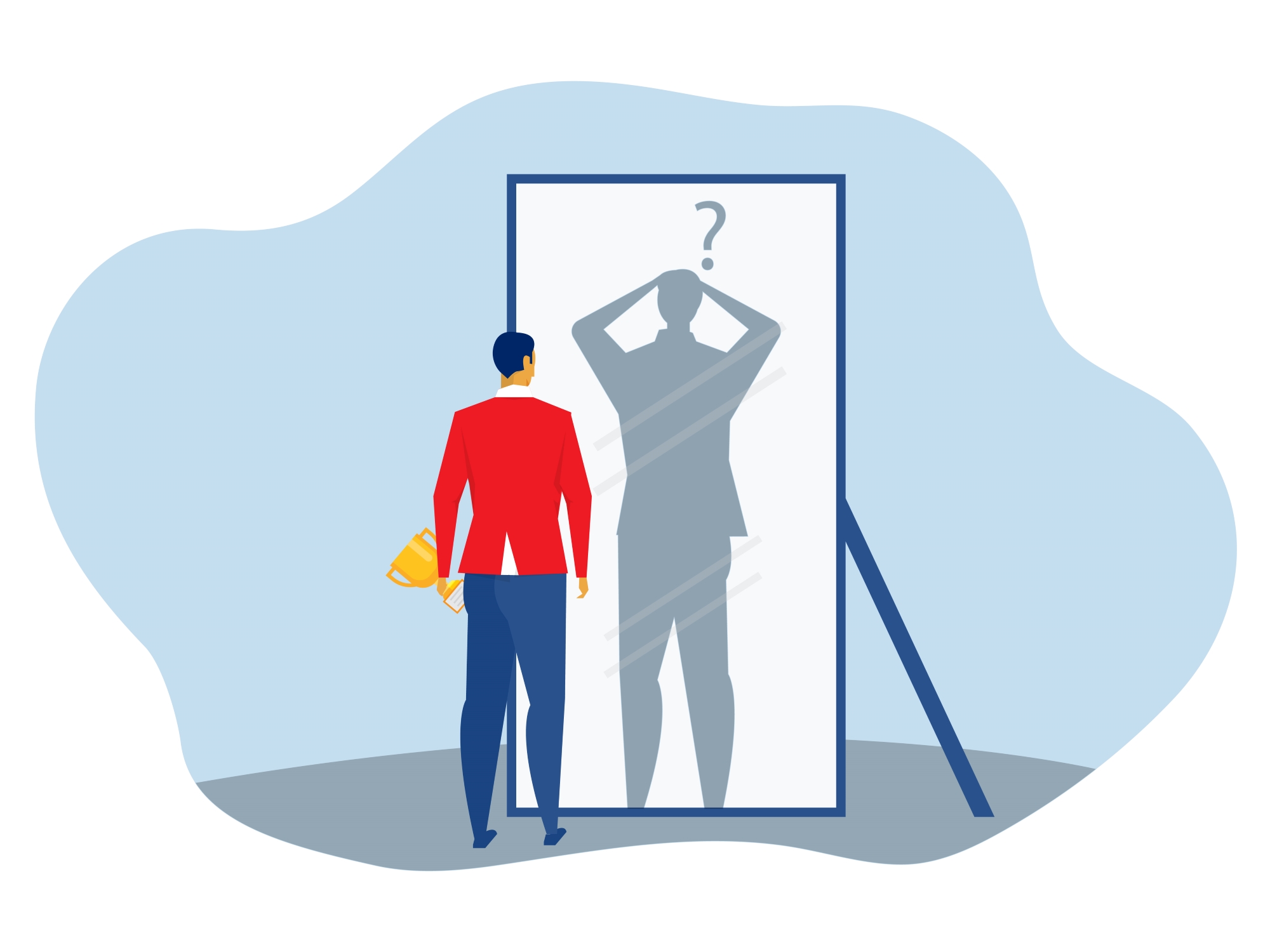Man with trophy looking at reflection in the mirror