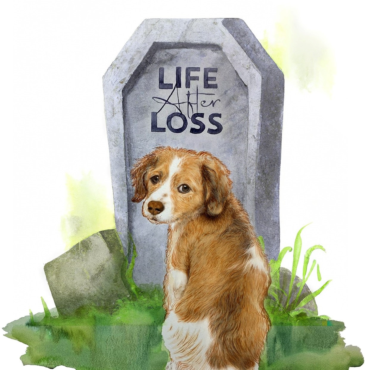 Dog sitting in front of gravestone.