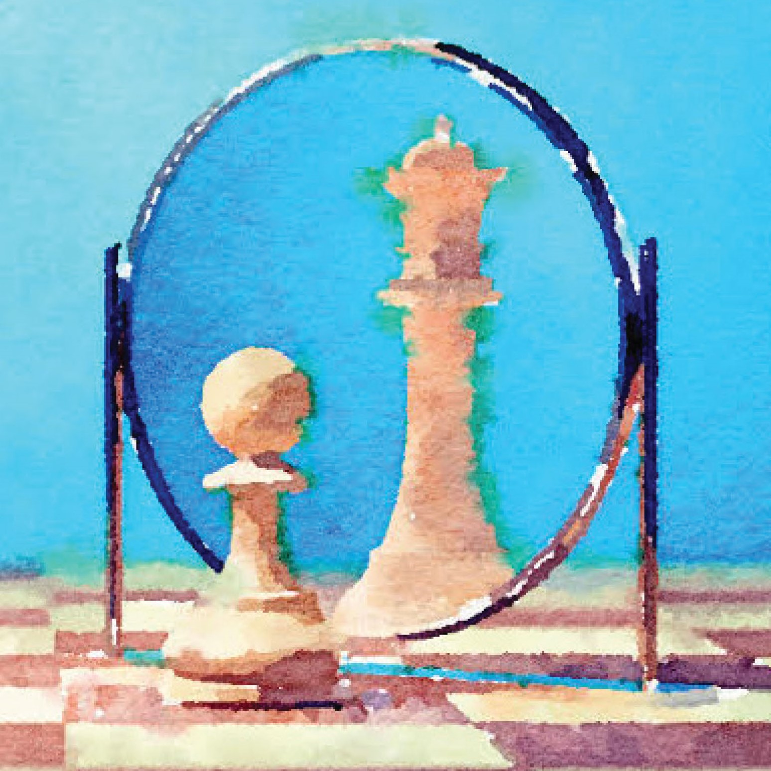 Chess Pawn seeing its reflection as a Queen in the mirror.
