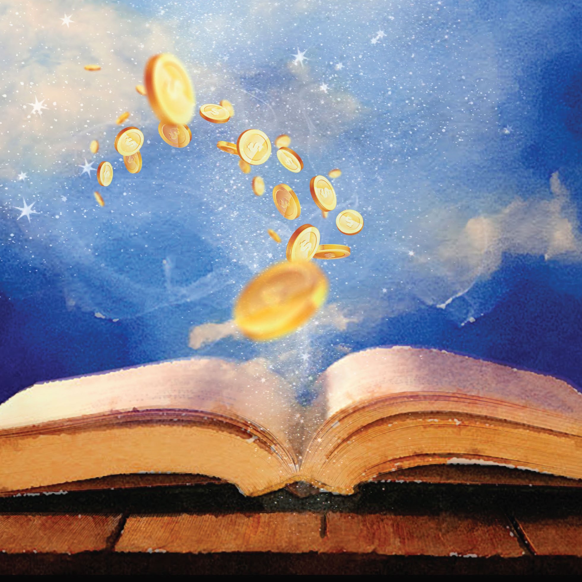 Book with gold coins swirling out into the sky and clouds.