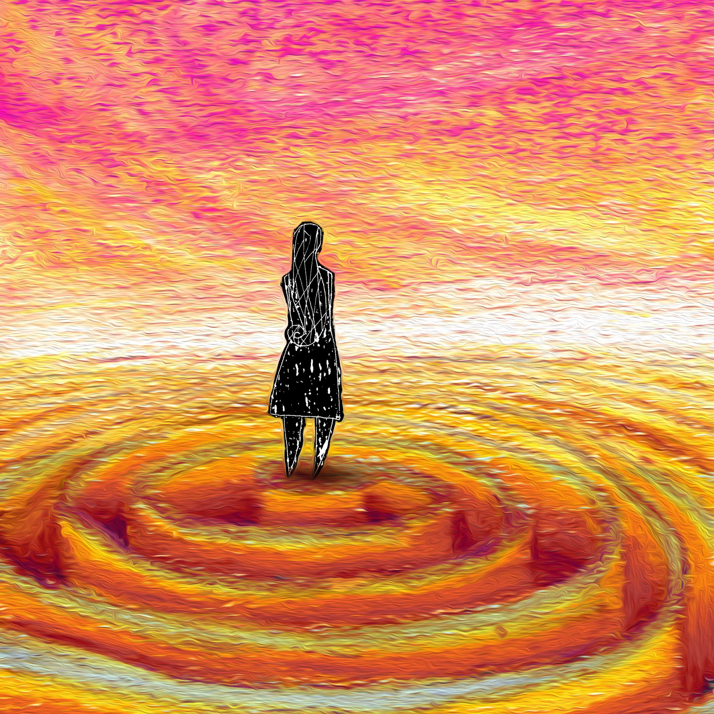 A silhouetted woman standing in the center of an inescapable maze.