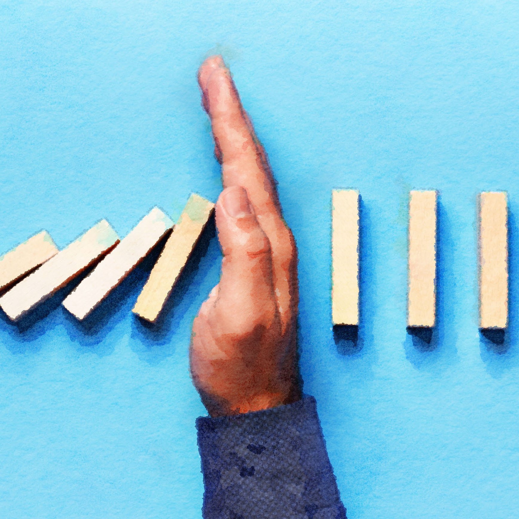 A hand separating falling blocks on the left and straight blocks on the left.