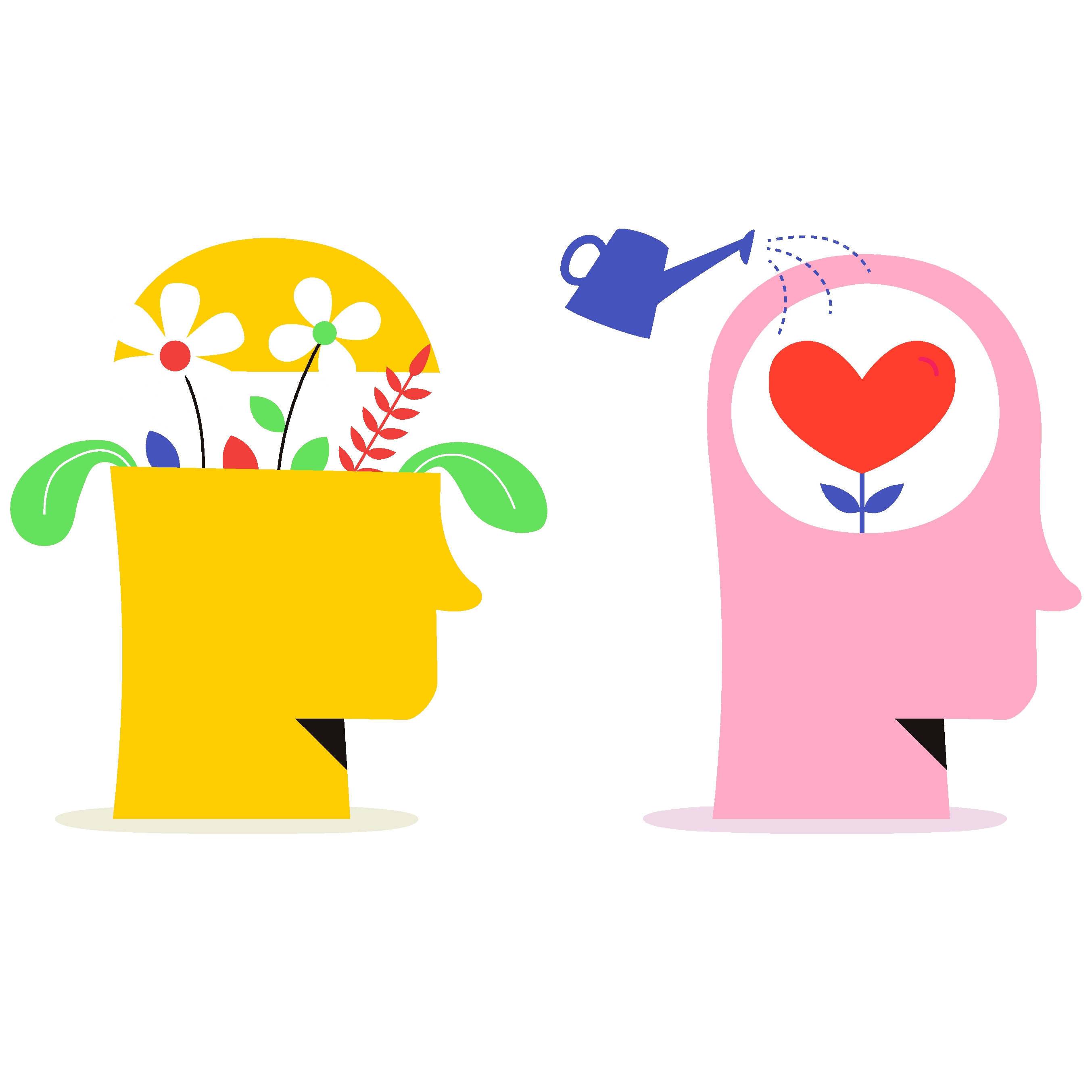 Colorful heads illustrating various creative and productive processes.
