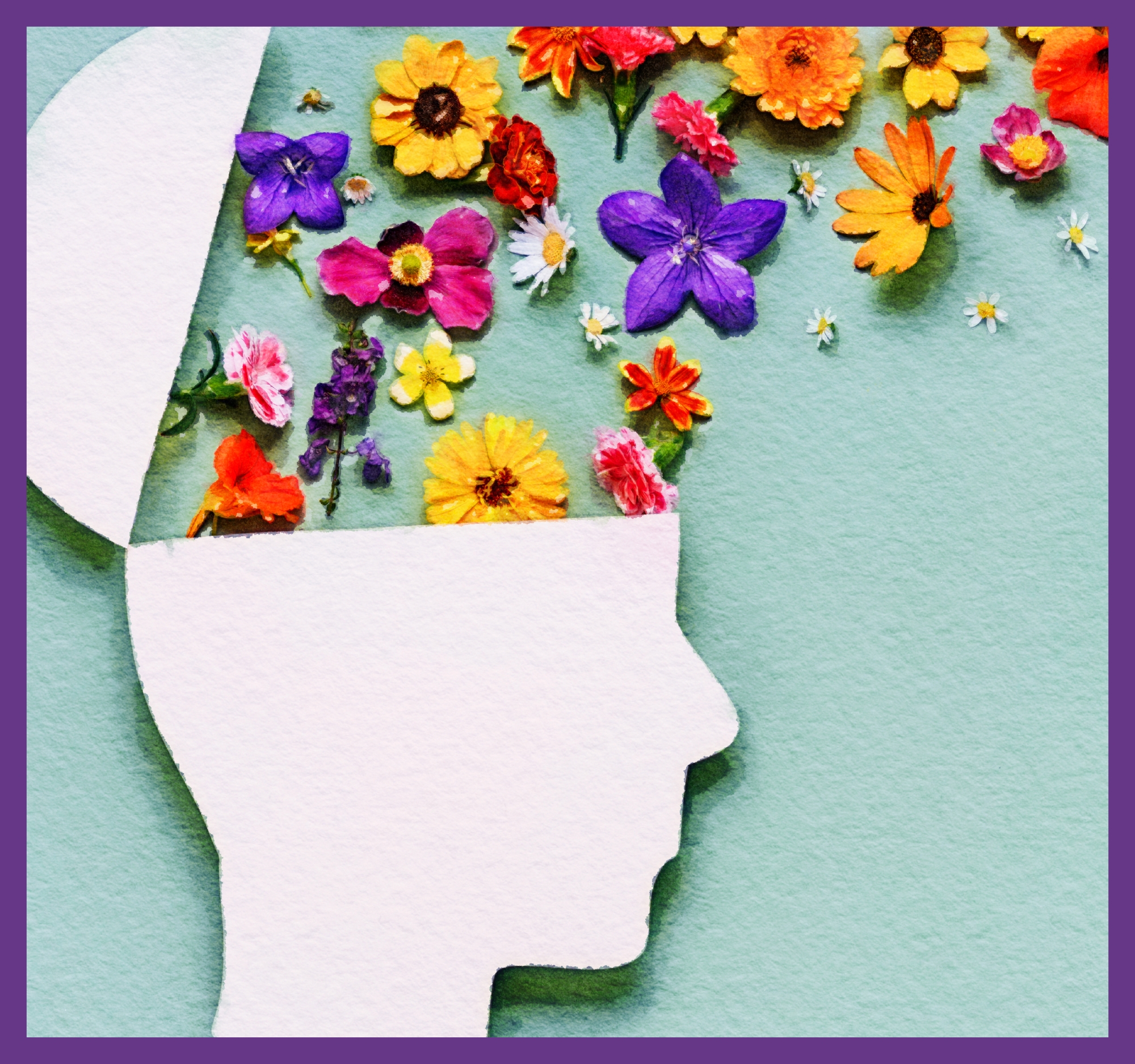 Flowers floating out of a human head.