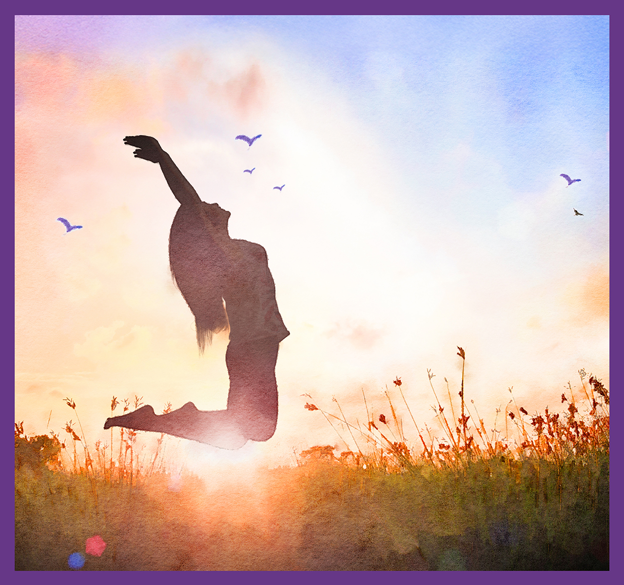 Woman jumping for joy in a peaceful field.